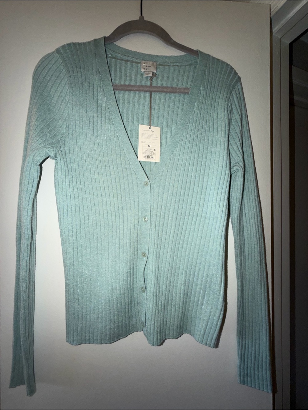 a new day Light Teal Ribbed Button-Up Sweater Cardigan - Medium